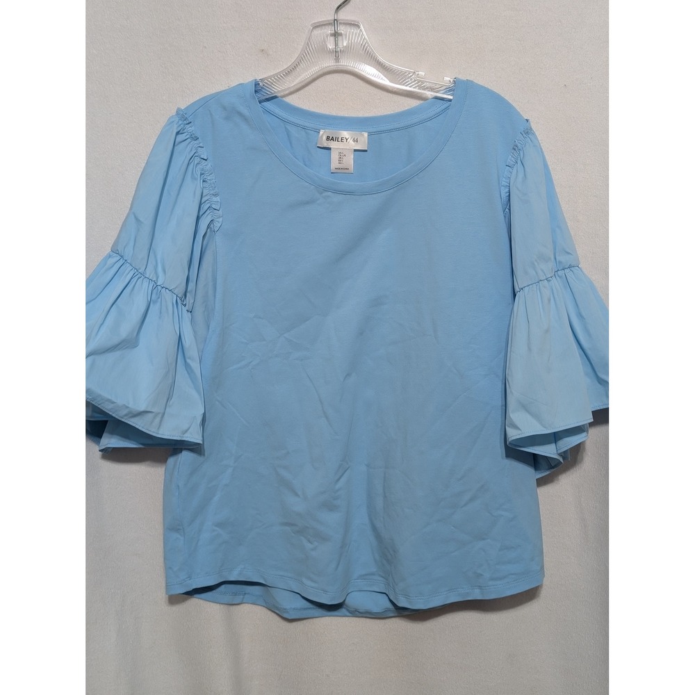 Bailey 44 Womens Blue Mixed Media Ruffle Puff Sleeve Knit Top Large